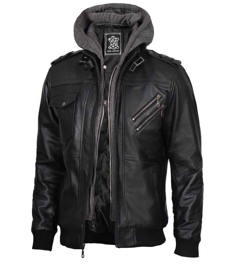 FJACKETS fjackets Leather Bomber Motorcycle Casual Stand Collar Jacket with a Removable Hood, Black, L - Image 1