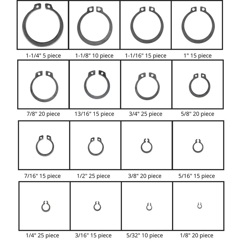 NEIKO 50458A Snap Ring Shop Assortment | 300 Piece Retaining Ring Set | 18 Sizes (1/8" - 1-1/4") | Heat-Treated Hardened Steel | Secure Parts on Grooved Shafts, Pins, Studs, etc. - Image 4