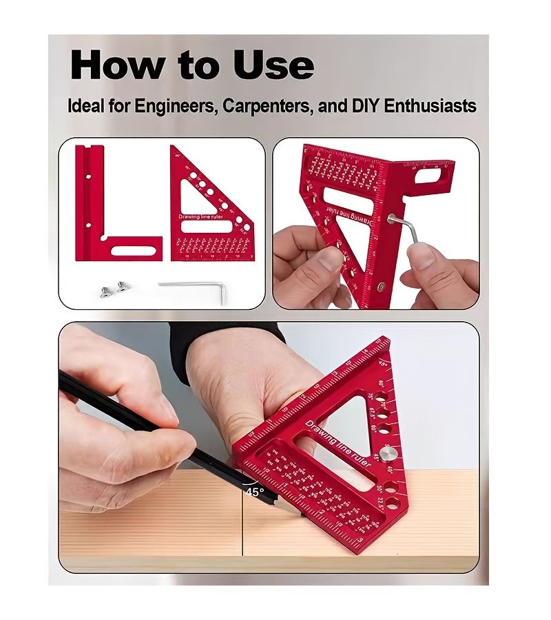 New Red Pegboard Ruler Aluminum Alloy Multi Angle Woodworking Square with Dual Scale Centimeter Inch Hole Alignment Guide - Image 2
