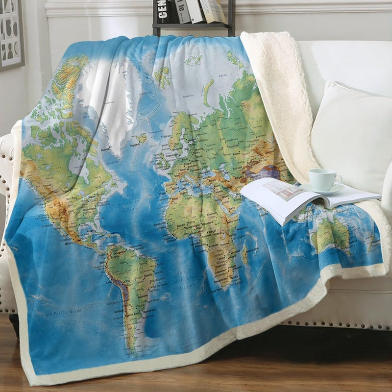 Sleepwish Sleepwish Map Fleece Blanket Blue Throw Blanket Soft Kids Throw Blanket Thick Plush Blanket Vivid 3D Print Map of The World Sherpa Blankets for Teens Kids Boys Girls 50x60 Inches  - Image 1