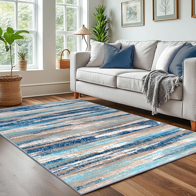 Lansny Modern Abstract 4x6 Living Room Washable Rug Non-Slip Soft Bedroom Area Rug Blue Thin Print Faux Wool Floor Carpet Throw Rugs for Nursery Playroom Dining Room Indoor Office Home Decor - Image 2