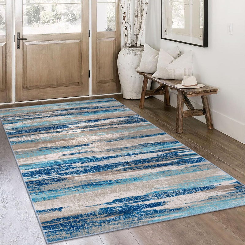 Lansny Modern Abstract 4x6 Living Room Washable Rug Non-Slip Soft Bedroom Area Rug Blue Thin Print Faux Wool Floor Carpet Throw Rugs for Nursery Playroom Dining Room Indoor Office Home Decor - Image 1