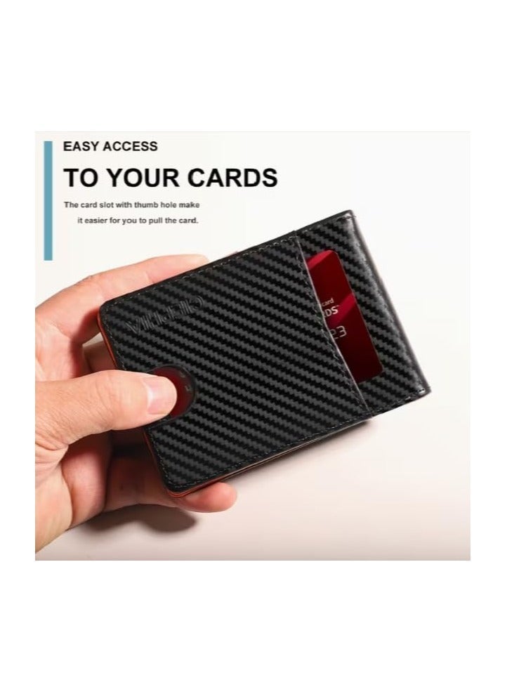 محفظة رجالية ذكية بتصميم نحيف من ألياف الكربون مع مشبك نقود معدني وحماية RFID - تتسع لـ 11 بطاقة (جلد داخلي برتقالي) - Image 2