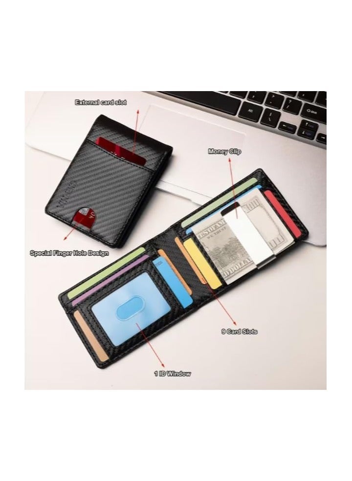 محفظة رجالية ذكية بتصميم نحيف من ألياف الكربون مع مشبك نقود معدني وحماية RFID - تتسع لـ 11 بطاقة (جلد داخلي برتقالي) - Image 3