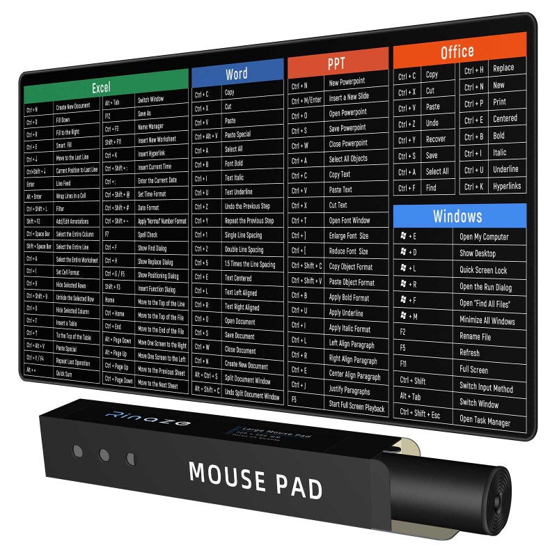 Rinaze Large Mouse Pad Desk Mat with Excel Shortcuts Cheat Sheet, Anti-Slip Keyboard Pad with Multifunctional, Gaming Mousepad, Office Desk Accessories for Computer, MacBook, PC and Laptop - Image 1