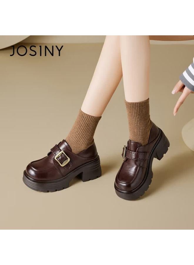 Josiny Zhuoshini Women's Thick-soled Loafers Spring New British Style Slip-on Casual Leather Shoes Brown Size 36 - Image 5