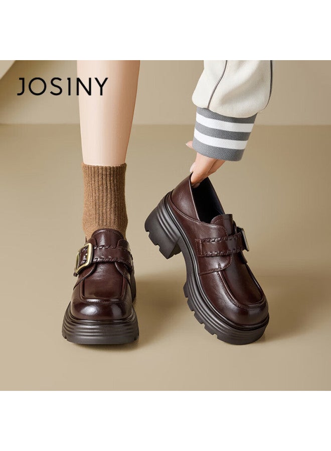 Josiny Zhuoshini Women's Thick-soled Loafers Spring New British Style Slip-on Casual Leather Shoes Brown Size 36 - Image 4