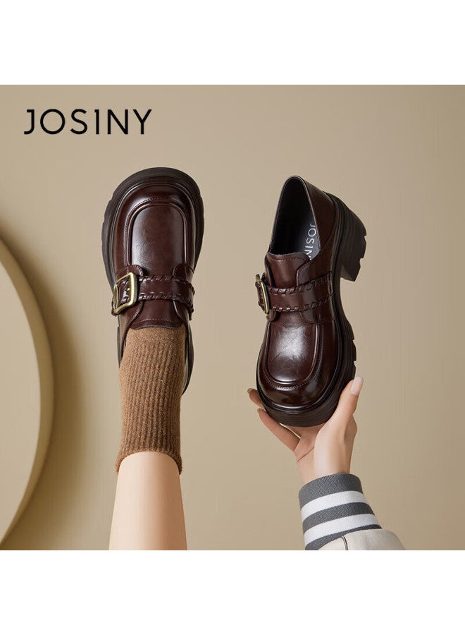 Josiny Zhuoshini Women's Thick-soled Loafers Spring New British Style Slip-on Casual Leather Shoes Brown Size 36 - Image 1