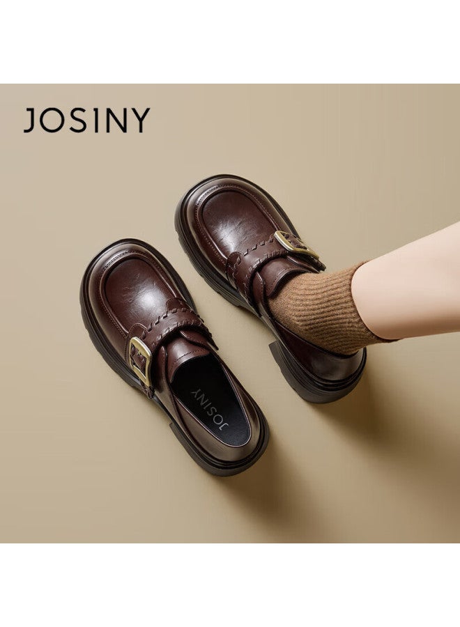 Josiny Zhuoshini Women's Thick-soled Loafers Spring New British Style Slip-on Casual Leather Shoes Brown Size 36 - Image 2