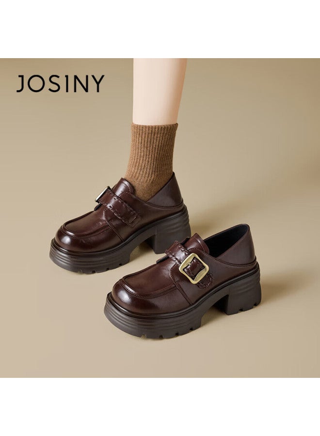 Josiny Zhuoshini Women's Thick-soled Loafers Spring New British Style Slip-on Casual Leather Shoes Brown Size 36 - Image 3