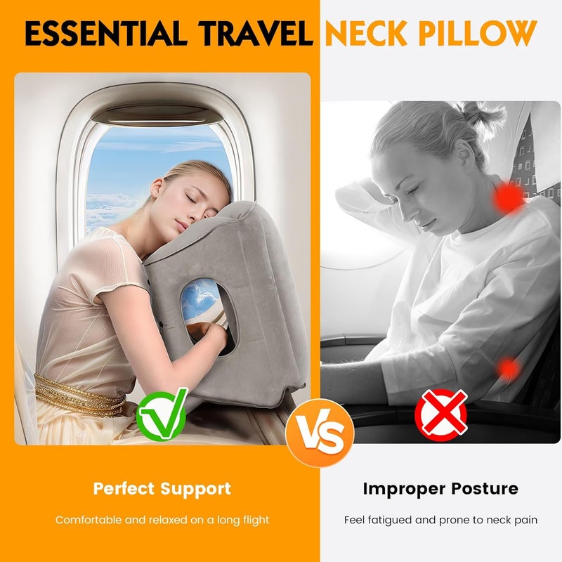 Lewondr Lewondr Inflatable Travel Pillow Airplane Neck Pillow for Traveling Travel Pillow with Storage Bag Avoid Neck Shoulder Pain Sleeping Cushion for Airplane Bus Car Train Office Easy to Carry Grey  - Image 2