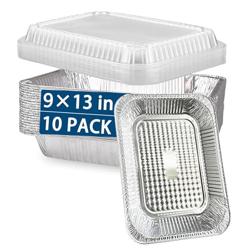 JIUMO Disposable Aluminum Pans with Lids 9x 13 10 Packs HalfSize Deep Steam Table PansHeavy Duty Foil Baking PansDinner Portion Pan for Meal PreparationsBakingCooking Roasting Silver - Image 1
