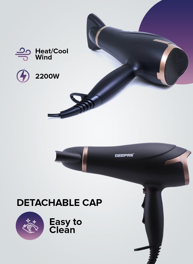 Geepas GH8643 Hair Dryer - 2-Speed & 3 Temperature Settings 2200W, Cool Shot Function For Frizz Free Shine  Detachable Cap- 2 Years Warranty Black - Image 4