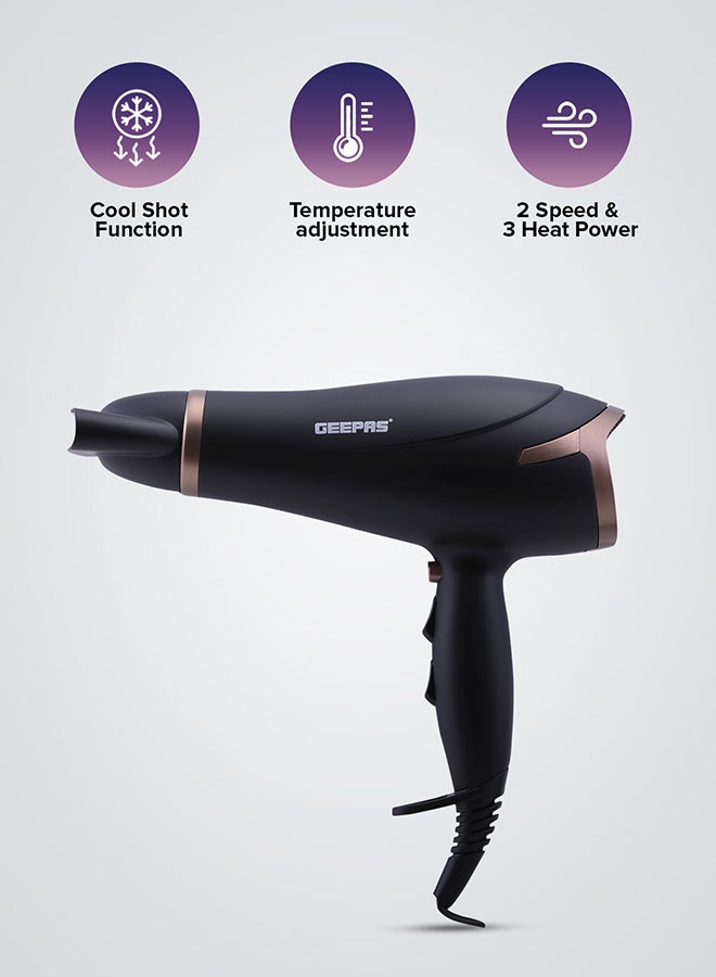 Geepas GH8643 Hair Dryer - 2-Speed & 3 Temperature Settings 2200W, Cool Shot Function For Frizz Free Shine  Detachable Cap- 2 Years Warranty Black - Image 2