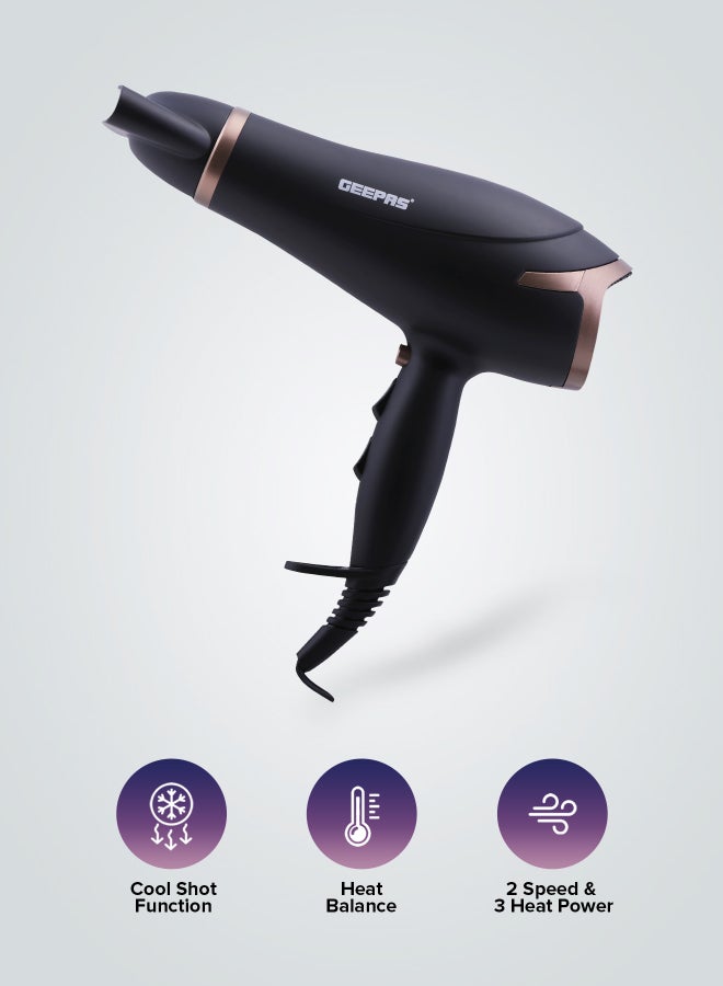Geepas GH8643 Hair Dryer - 2-Speed & 3 Temperature Settings 2200W, Cool Shot Function For Frizz Free Shine  Detachable Cap- 2 Years Warranty Black - Image 5