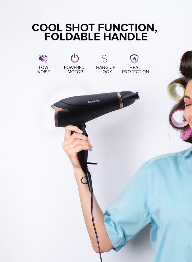 Geepas GH8643 Hair Dryer - 2-Speed & 3 Temperature Settings 2200W, Cool Shot Function For Frizz Free Shine  Detachable Cap- 2 Years Warranty Black - Image 3