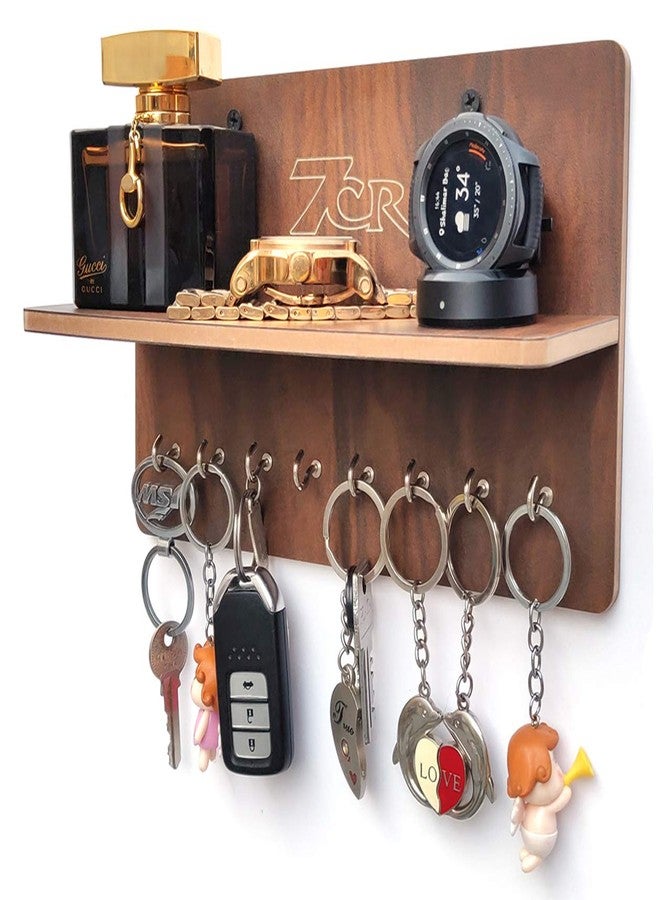 7CR Wooden Wall Mounted Key Holder with Shelf – 6 Hooks, Decorative Rustic Organizer for Keys, Mail, and Accessories – 25x15 cm, Premium 5-Star Quality, Wall shelves with Key holder - Image 1