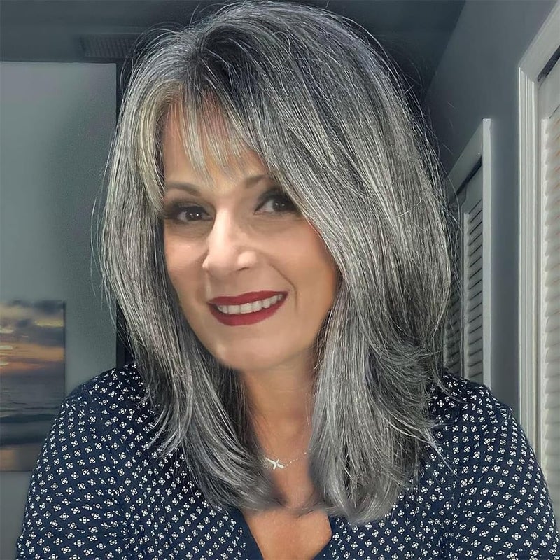 Grey Wig for Women Long Gray Layered Wig with Bangs Synthetic Replacement Wig for Women