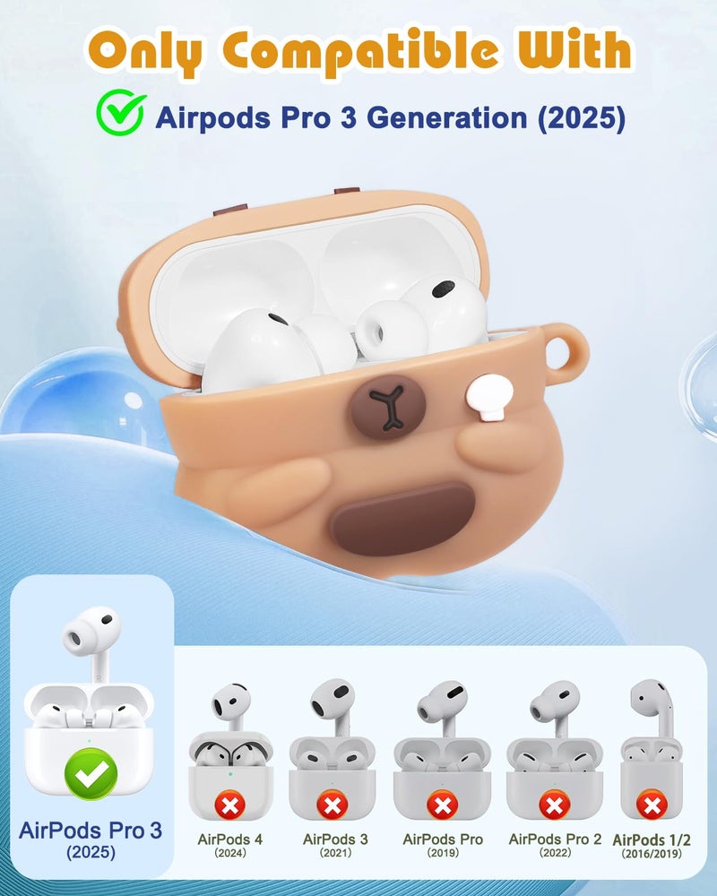 Joyleop for Airpods Pro 3 Case - Cute Funny for Women Girl Kids Girly 3D Kawaii Capybara Bear Cartoon Design Soft Silicone Protective Case for Airpods Pro 3rd Gerneration 2025 Cover with Keychain - Image 2