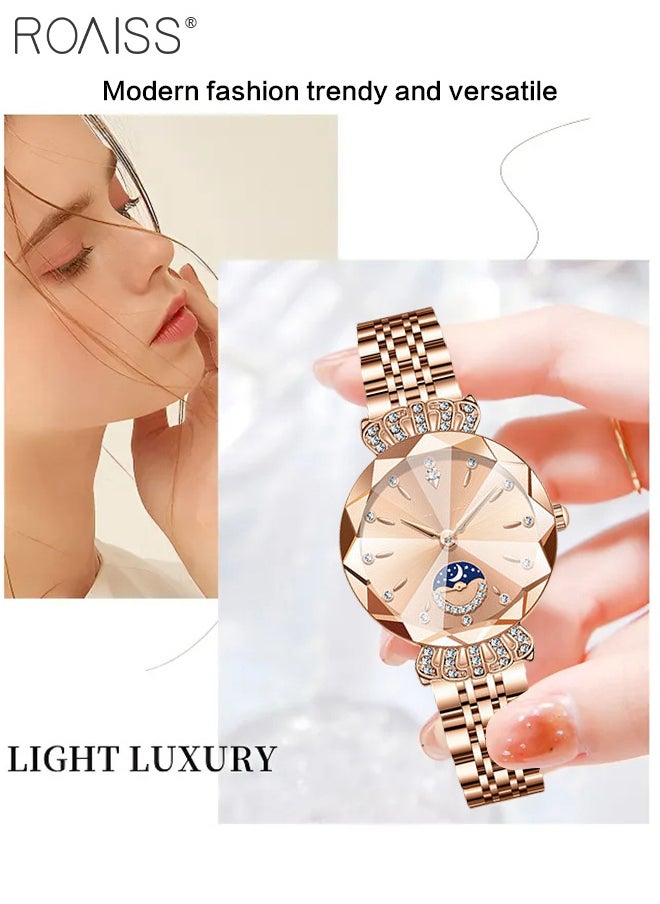 roaiss - Women's Steel Band Quartz Watch, Analog Display Round Dial with Diamond Decoration with Moon Phase Display, Waterproof Elegant Wristwatch as Gift for Ladies - Image 1