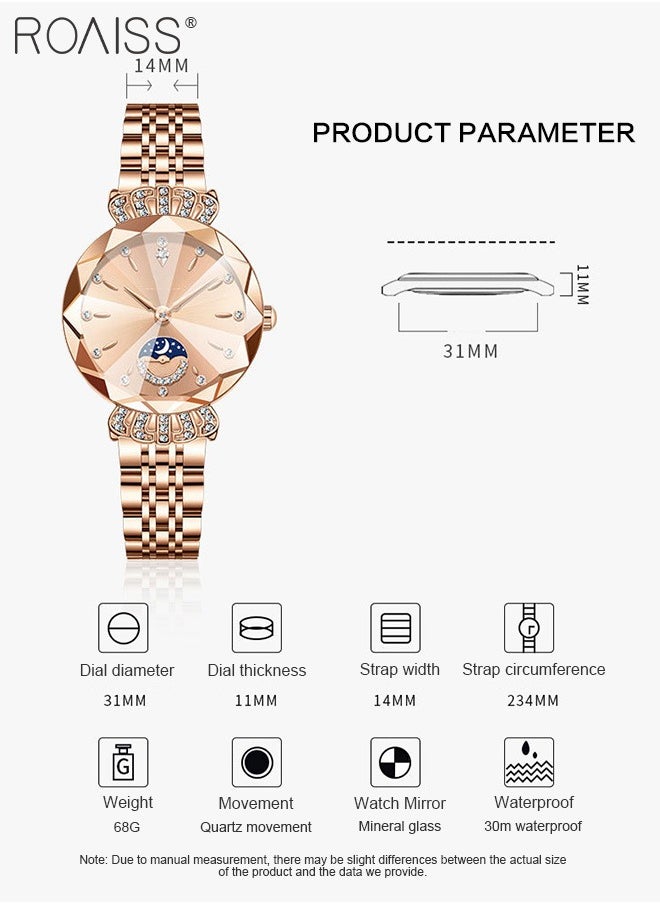 roaiss - Women's Steel Band Quartz Watch, Analog Display Round Dial with Diamond Decoration with Moon Phase Display, Waterproof Elegant Wristwatch as Gift for Ladies - Image 1