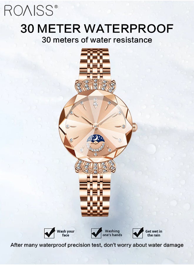 roaiss - Women's Steel Band Quartz Watch, Analog Display Round Dial with Diamond Decoration with Moon Phase Display, Waterproof Elegant Wristwatch as Gift for Ladies - Image 1