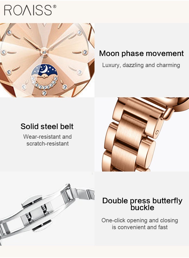 roaiss - Women's Steel Band Quartz Watch, Analog Display Round Dial with Diamond Decoration with Moon Phase Display, Waterproof Elegant Wristwatch as Gift for Ladies - Image 1