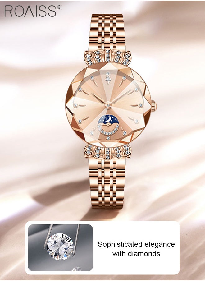 roaiss - Women's Steel Band Quartz Watch, Analog Display Round Dial with Diamond Decoration with Moon Phase Display, Waterproof Elegant Wristwatch as Gift for Ladies - Image 1