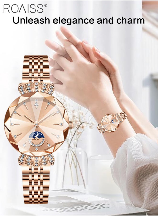roaiss - Women's Steel Band Quartz Watch, Analog Display Round Dial with Diamond Decoration with Moon Phase Display, Waterproof Elegant Wristwatch as Gift for Ladies - Image 1