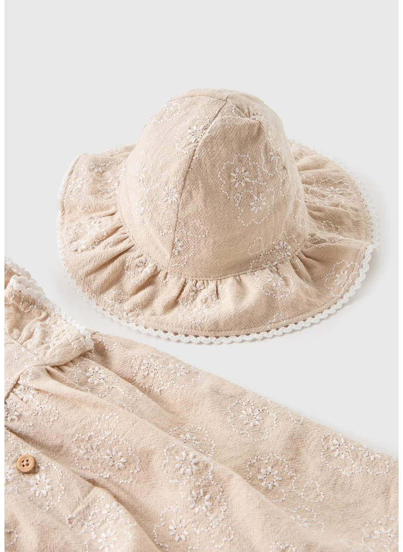 Matalan Baby Beige Embroidered Romper & Hat Set