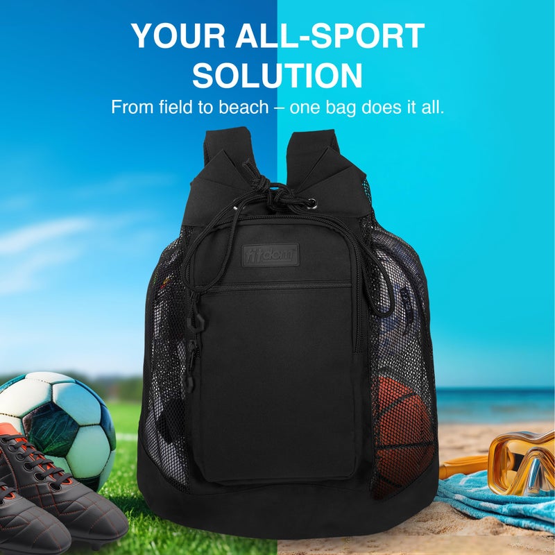 Fitdom Heavy Duty Small Mesh Equipment Ball Bag w/Adjustable Backpack Shoulder Strap Design for Coach. 3 Different Size Compartments. Perfect for Soccer Football Volleyball Basketball & Water Sports - Image 3