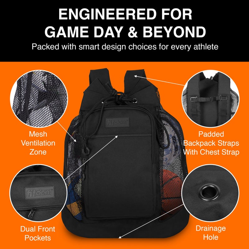 Fitdom Heavy Duty Small Mesh Equipment Ball Bag w/Adjustable Backpack Shoulder Strap Design for Coach. 3 Different Size Compartments. Perfect for Soccer Football Volleyball Basketball & Water Sports - Image 2