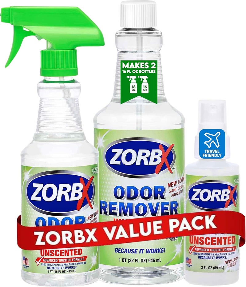 ZORBX Unscented Multipurpose Odor Eliminator 3 items Bundle: 2 Oz + 16 Oz + 32 Oz - Used in Hospitals & Healthcare Facilities - Advanced Trusted Formula - Perfect Bundle to Get Rid of Unpleasant Odors - Image 1