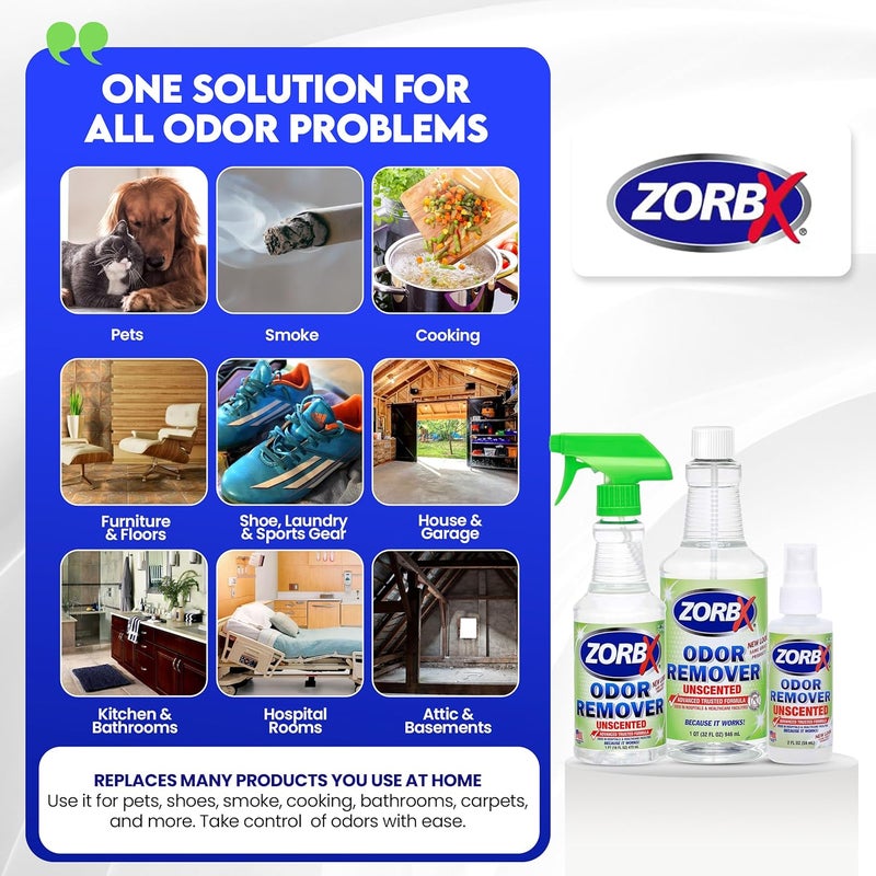 ZORBX Unscented Multipurpose Odor Eliminator 3 items Bundle: 2 Oz + 16 Oz + 32 Oz - Used in Hospitals & Healthcare Facilities - Advanced Trusted Formula - Perfect Bundle to Get Rid of Unpleasant Odors - Image 3