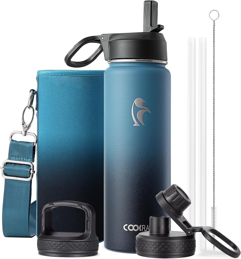 Coolflask Water Bottle Insulated with Straw & 3 Lids, Large Metal Stainless Steel Wide Mouth Water Jug, BPA-Free Keep Cold 48H Hot 24H, 0.6 Liters, Samurai Cyan - Image 1