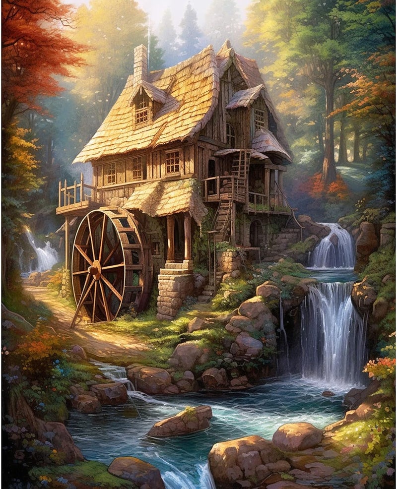 Tucocoo Rustic Cabin Paint by Number for Adults DIY Digital Oil Painting Kits on Canvas with Brushes and Acrylic Pigment Forest Waterwheel Waterfall Picture for Home Decor Gift 16x20inch Frameless - Image 1