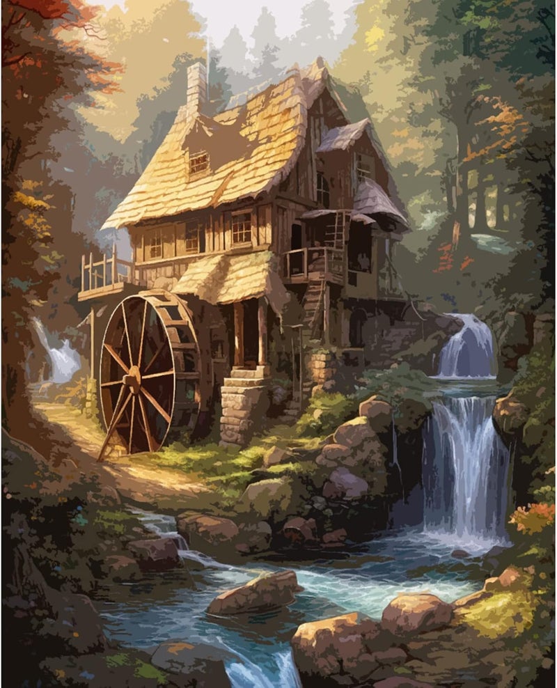 Tucocoo Rustic Cabin Paint by Number for Adults DIY Digital Oil Painting Kits on Canvas with Brushes and Acrylic Pigment Forest Waterwheel Waterfall Picture for Home Decor Gift 16x20inch Frameless - Image 2