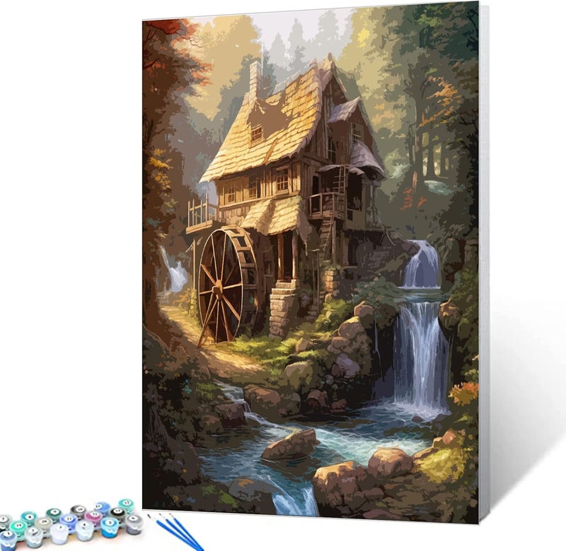 Tucocoo Rustic Cabin Paint by Number for Adults DIY Digital Oil Painting Kits on Canvas with Brushes and Acrylic Pigment Forest Waterwheel Waterfall Picture for Home Decor Gift 16x20inch Frameless - Image 3