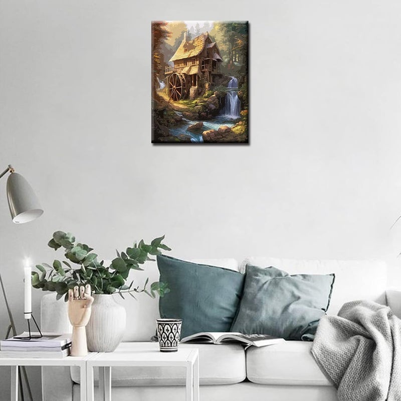 Tucocoo Rustic Cabin Paint by Number for Adults DIY Digital Oil Painting Kits on Canvas with Brushes and Acrylic Pigment Forest Waterwheel Waterfall Picture for Home Decor Gift 16x20inch Frameless - Image 4