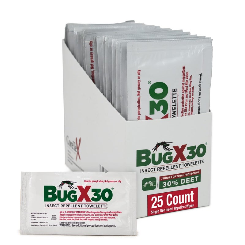 CoreTex Bug X 30 Mosquito, Tick, & Insect Repellent Wipes with 30% DEET - Pack of 25 Single-Use Bug Repellent Wipes for Up to 7 Hours of Reliable Protection Against 12 Types of Biting Insects - Image 1