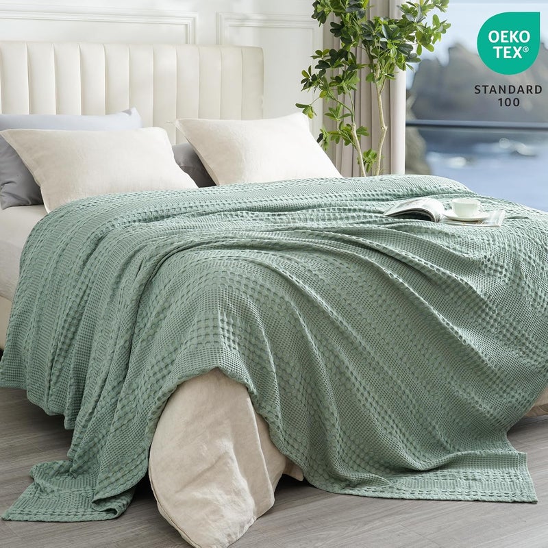PHF Bamboo Cotton Waffle  Blanket King(264 cm x 228 cm)  for Couch, Bed, Snag Proof for Spring Summer Lightweight Breathable, Sage Green - Image 3