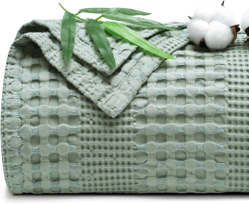 PHF Bamboo Cotton Waffle  Blanket King(264 cm x 228 cm)  for Couch, Bed, Snag Proof for Spring Summer Lightweight Breathable, Sage Green - Image 1