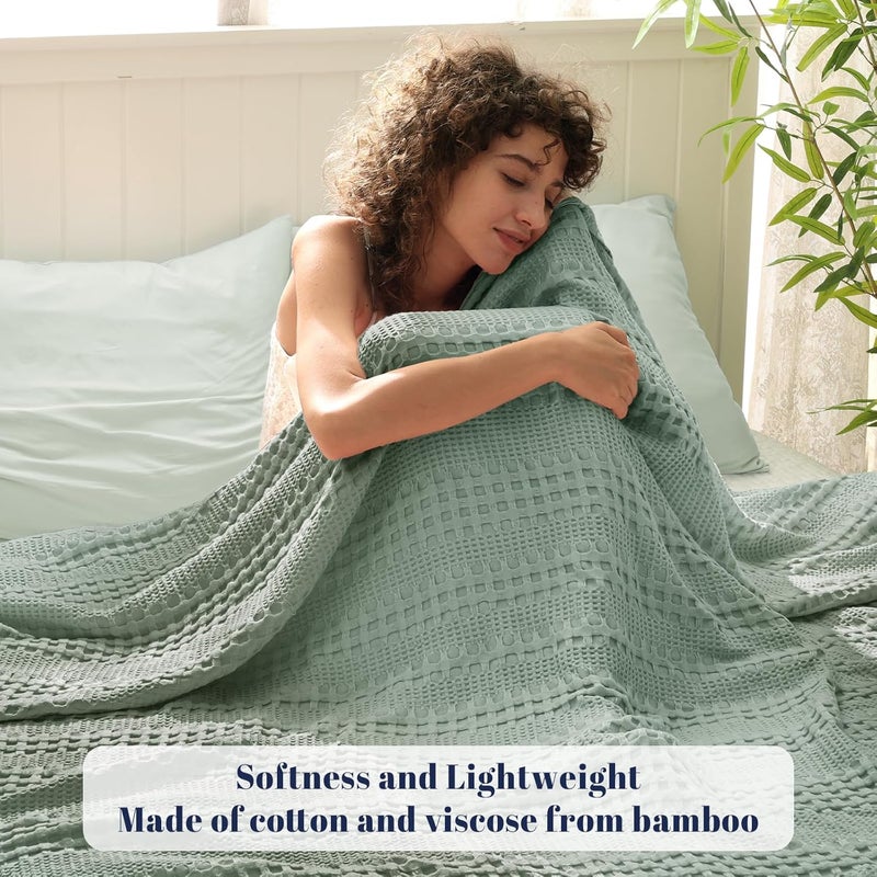 PHF Bamboo Cotton Waffle  Blanket King(264 cm x 228 cm)  for Couch, Bed, Snag Proof for Spring Summer Lightweight Breathable, Sage Green - Image 2