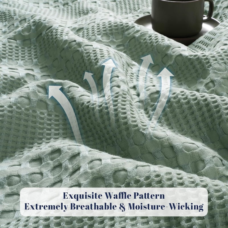 PHF Bamboo Cotton Waffle  Blanket King(264 cm x 228 cm)  for Couch, Bed, Snag Proof for Spring Summer Lightweight Breathable, Sage Green - Image 4