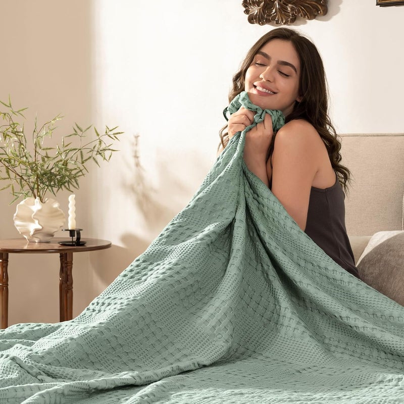 PHF Bamboo Cotton Waffle  Blanket King(264 cm x 228 cm)  for Couch, Bed, Snag Proof for Spring Summer Lightweight Breathable, Sage Green - Image 5