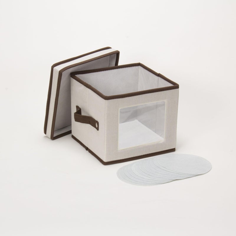 Household Essentials 534 Dinnerware Storage Box With Lid And Handles | Chest For Salad Plates | Natural Canvas With Brown Trim - Image 5