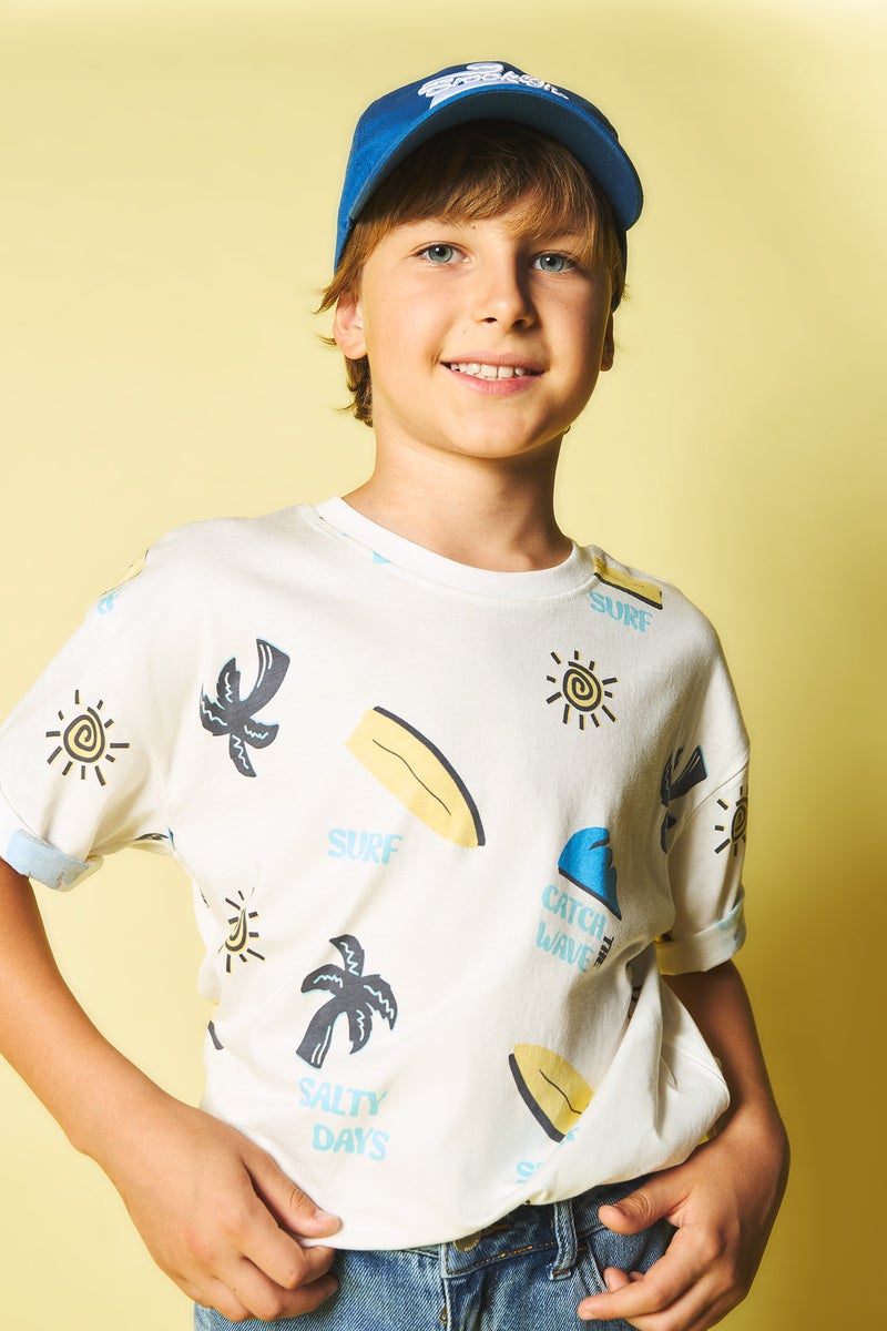 DeFacto Beige Boy Boy 100% Cotton Oversize Safari Print T-Shirt Casual - Image 1