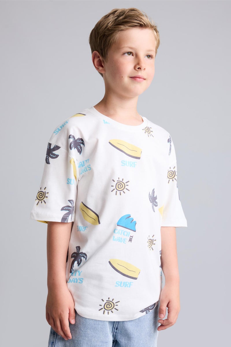 DeFacto Beige Boy Boy 100% Cotton Oversize Safari Print T-Shirt Casual - Image 5