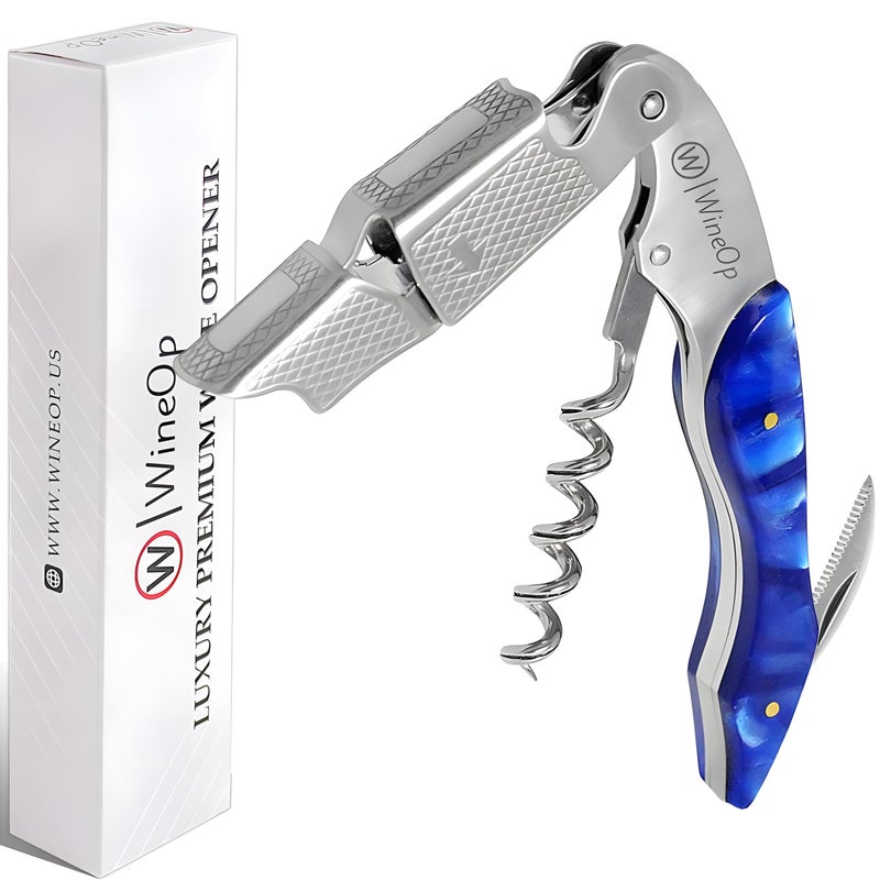 WineOp Professional Wine Opener Luxury Double Hinged Waiters Corkscrew Wine Bottle Key  Cork screwer for Servers Bartenders Sommelier and Home Use  AllInOne Stainless Steel Blue Resin