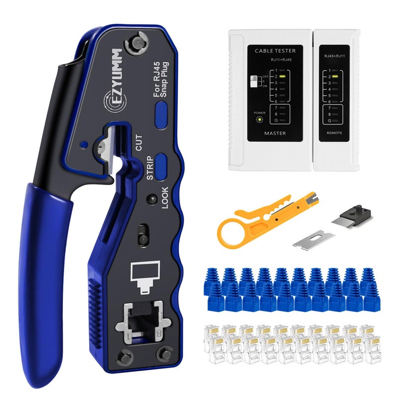 EZYUMM Pass Through RJ45 Crimp Tool, Ratcheting Ethernet Crimping Tool Kit, Ethernet Crimper for RJ45 Pass Through Connector and RJ11/RJ12 connectors - Image 1